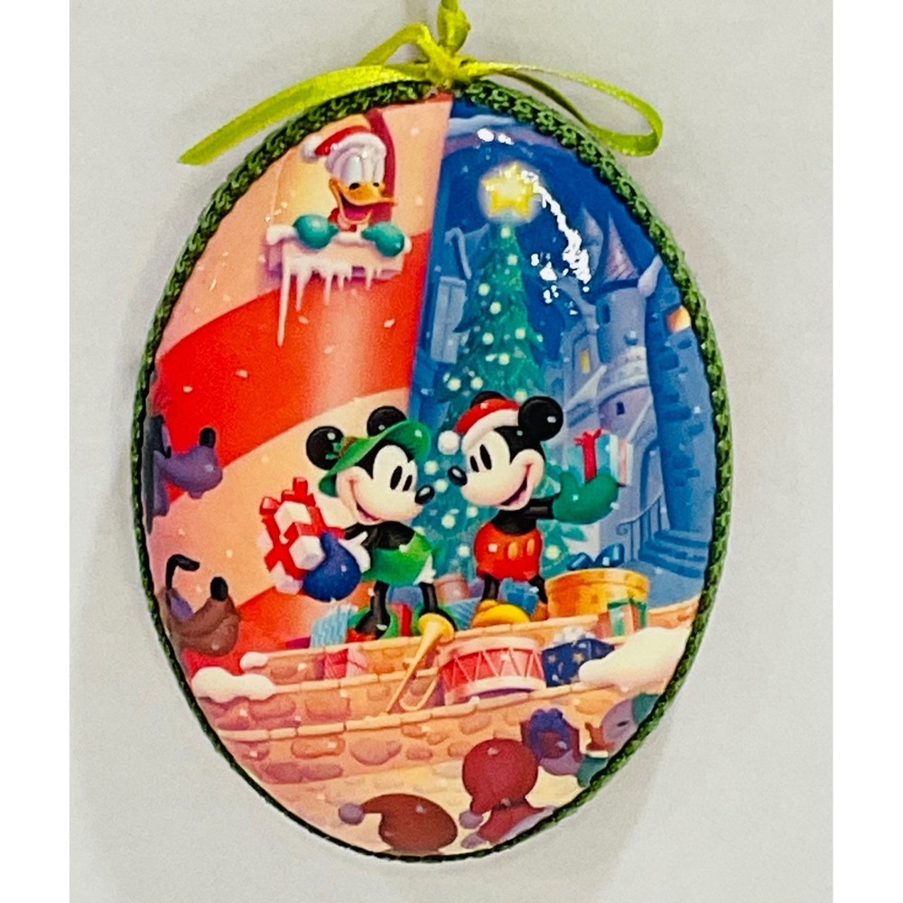 Walt Disney Mickey Minnie Mouse decoupage Christmas ornament ribbon vintage 1998